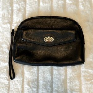 Talbots black leather pebbled turnlock zip top wristlet pouch with gold hardware